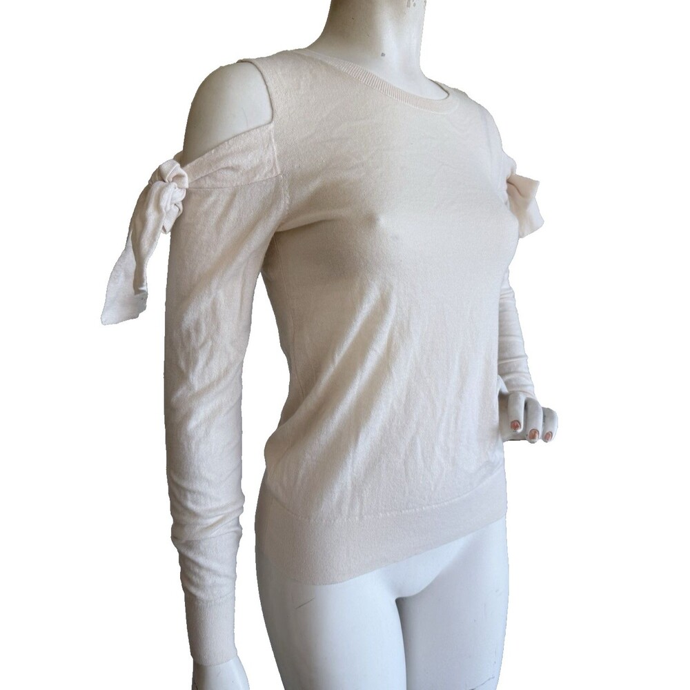 CLUB MONACO 100% Cashmere Sweater Ivory Cold Shoulder Bow Tie Long Sleeve Size S